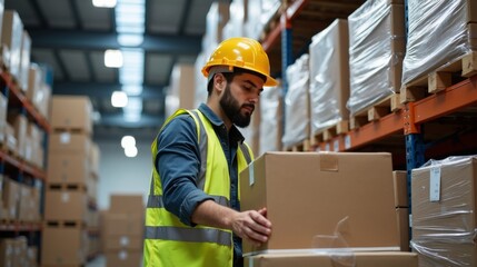Warehouse worker expertly stacking boxes to optimize storage space and efficiency. In a busy warehouse, a production worker is diligently stacking and organizing boxes.