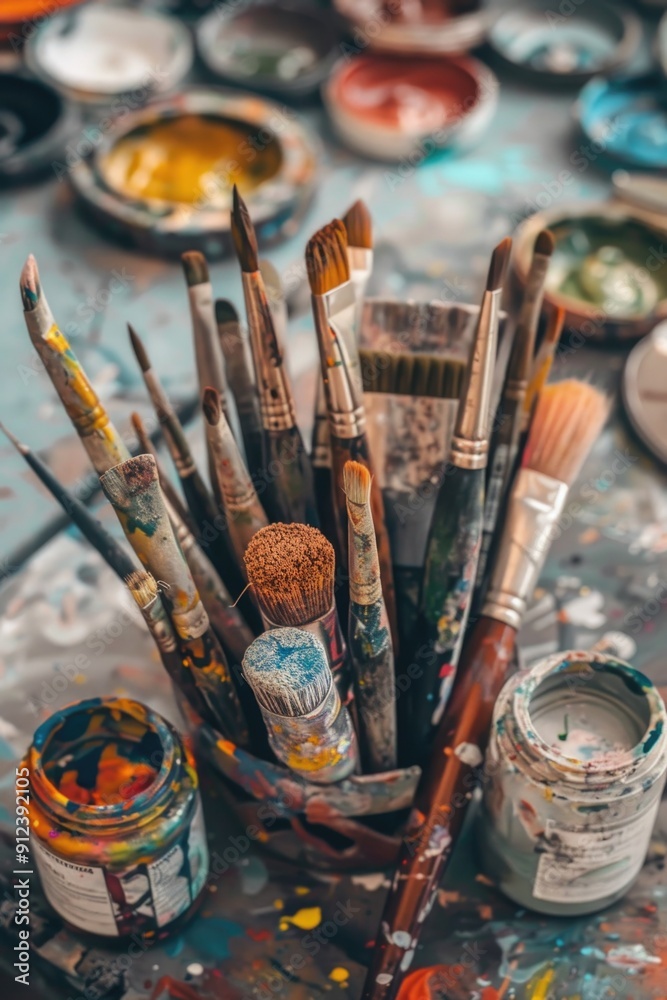 Poster A collection of paintbrushes arranged neatly on a table, great for illustrating artistic themes or creative processes