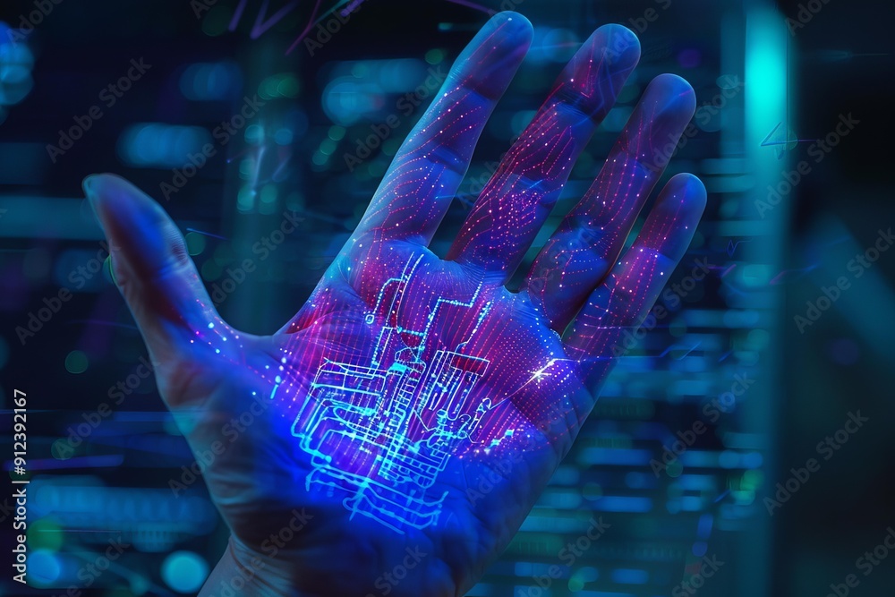 Poster abstract image of a software engineer hand touching a digital circuit board, representing technologi