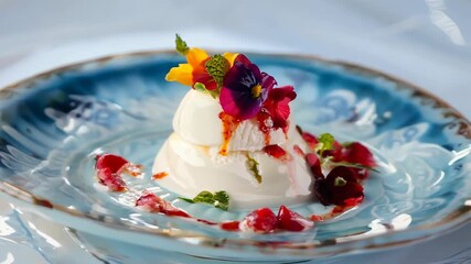 Elegant panna cotta dessert garnished with edible flowers on intricate plate