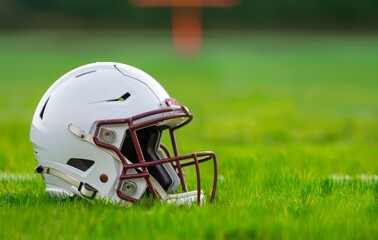 Football & Helmet on Field - American Sport Concept