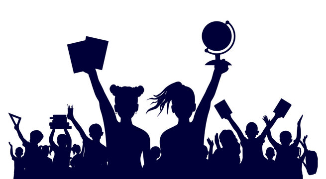 students silhouette holding books, globe, school clip art preview