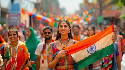 Beautiful Smiling Indian Woman In Traditional Costume Holding Indian Flag At Independence Day Of India Holiday Celebration In Crowd Of People