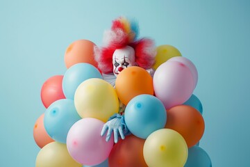 A colorful and cheerful clown surrounded by balloons, creating a whimsical and joyful atmosphere for a celebration.