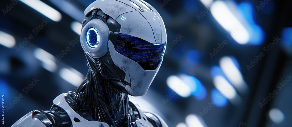 Poster 3d rendering of advanced droid robotics and cyborg development for future living digital data mining
