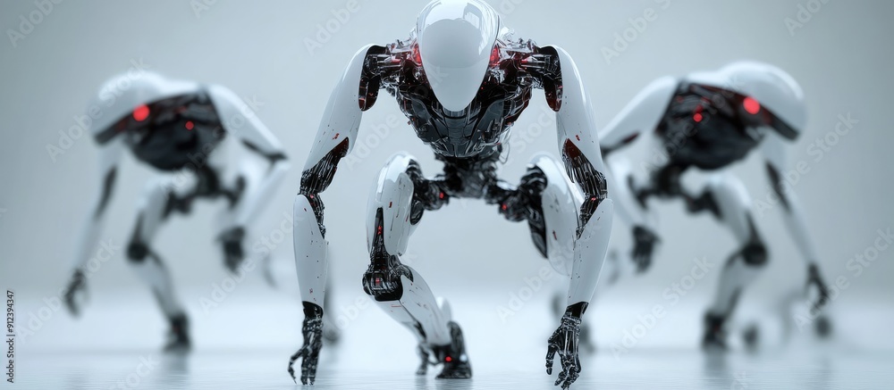Poster 3d rendering of advanced droid robots and cyborgs in ai research for future living innovative digita