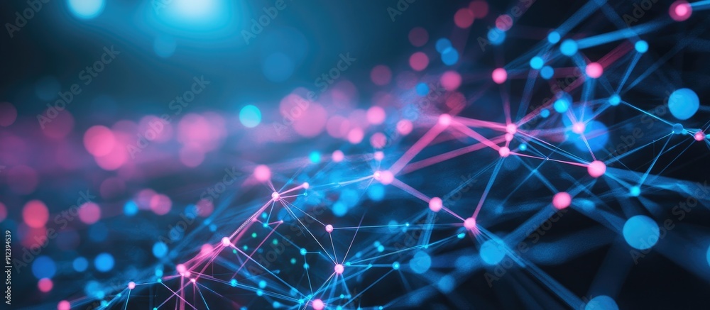 Poster abstract futuristic digital network visualization with interconnected points in blue and pink techno