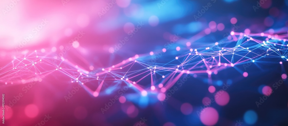 Poster abstract futuristic digital network visualization with interconnected points in blue and pink techno