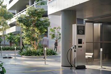Electric vehicle charging station in a modern residential building with people walking