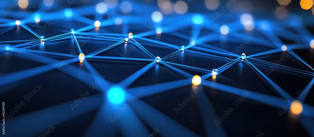 Poster abstract visualization of a digital network featuring illuminated interconnected nodes symbolizing t