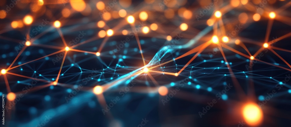 Poster abstract visualization of a digital network featuring illuminated interconnected nodes symbolizing t