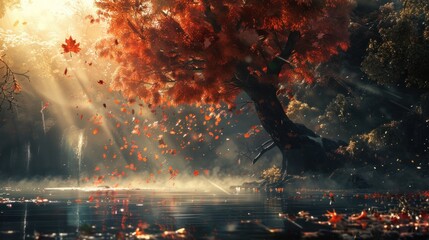 Fototapeta premium Autumnal Serenity: A Tranquil Lake Amidst Falling Leaves