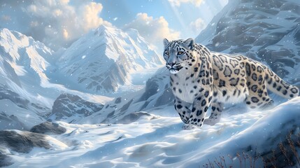 Fototapeta premium Snow leopard in a snowy mountain region