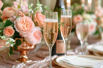 A romantic setting with two champagne glasses filled with rose champagne, surrounded by pink flowers and a bottle of champagne.