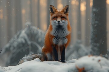 Obraz premium Majestic Red Fox in Winter Forest Snowfall Wildlife Photography for Nature Posters