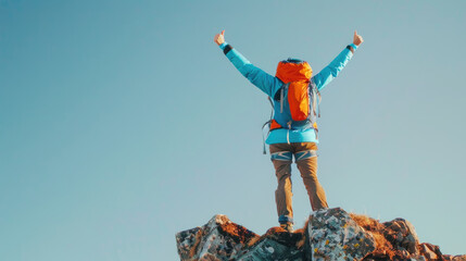 woman hiker with backpack celebrating success on mountain top