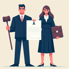 flat illustration of judicial characters, judge, lawyer