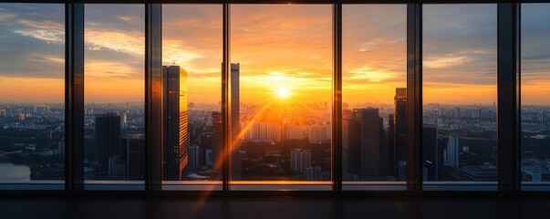 Cityscape at dusk with warm hues, ample space for headline text, website banner, metropolitan growth