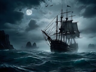 Obraz premium A ghost ship wandering the Atlantic Ocean