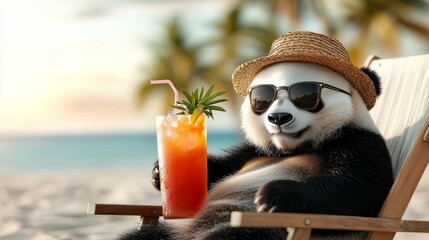 Relaxed panda wearing sunglasses and a straw hat, lounging in a beach chair with a tropical drink, palm trees and ocean in the background