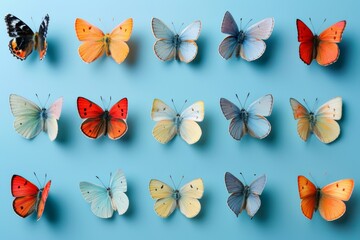 Colorful butterflies on a light blue background, showcasing delicate and vibrant wing patterns in a peaceful setting.