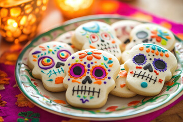 Obraz premium Colorful skull shaped cookies are sitting on a plate, celebrating dia de los muertos