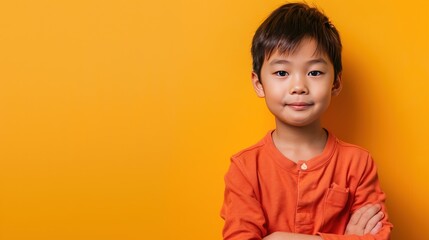 Asian young boy is standing in front of a yellow wall