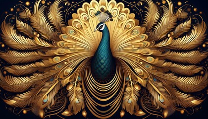 Craft an emblem of a golden peacock displaying its majestic tail.
