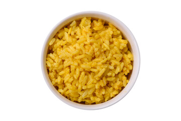 Delicious boiled yellow rice with turmeric, salt and spices