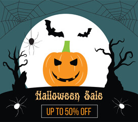Halloween Sale Banner with a Scary Pumpkin. Seasonal national holiday commercial illustration
