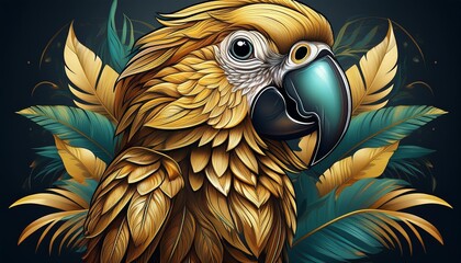 Fototapeta premium Illustrate a logo of a golden parrot with tropical foliage accents.