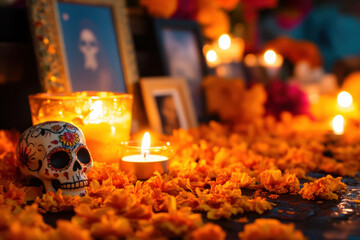Traditional mexican ofrenda decorated with cempasuchil petals and illuminated with candles for dia de los muertos
