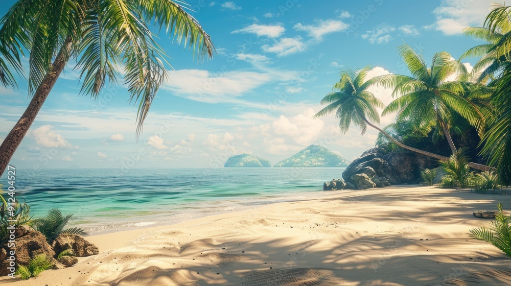 Poster a serene beach scene with palm trees on a sunny day, perfect for travel or relaxation use