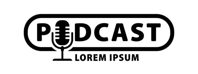Podcast logo landscape flat style black isolated on white background. Your brand podcast. Microphone logo. 