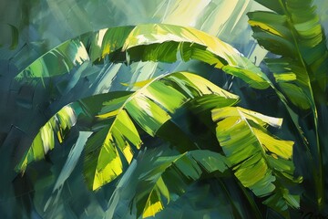 A detailed painting of lush green tropical leaves, capturing the essence of a vibrant and dense jungle environment.