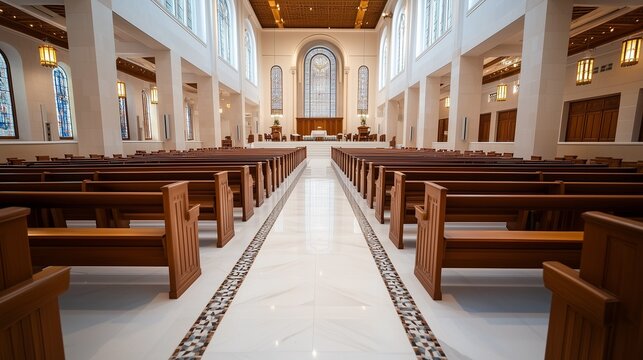 The interior of a modern synagogue. An empty room, a hall. The Jewish temple. Celebrating Rosh Hashanah, Hanukkah, Passover