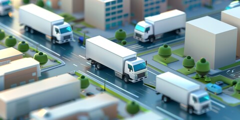 City Map with Delivery Trucks - Cartoon Style Vector