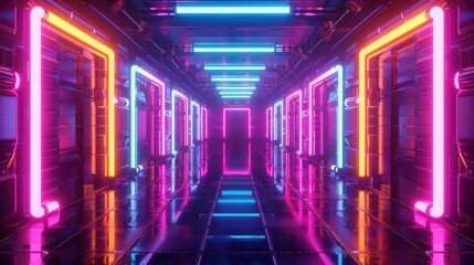 Fototapeta premium Empty room corridor with purple blue pink lights on dark background