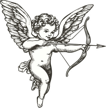 recommend clip art: Cupid as a Cherubic Winged Figure Aiming a Bow and Arrow, Love and Romance Theme in Scratchboard Imitation, Black and White Engraving Style Raster Illustration