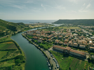 Aerial view of Bosa, a small colourful town near Oristano, Sardinia island, Italy