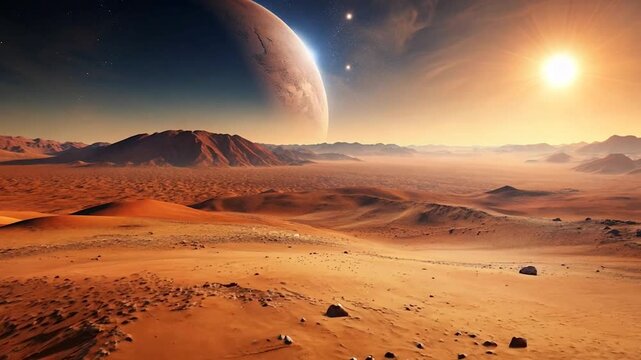 Martian Landscape with Sunset and Moon.