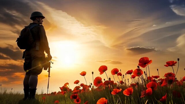 Soldier in Poppy Field at Sunset.