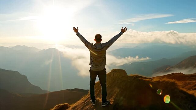 Hiker Man Standing on Top of Mountain Peak