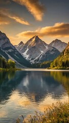 Golden hour landscape mountains and serene lake v