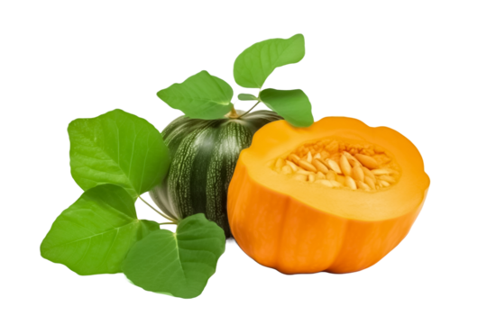 Pumpkin vegetable and green leaves isolated on transparent background.