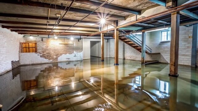 Flooded Basement with Brick Walls and Wooden Beams.