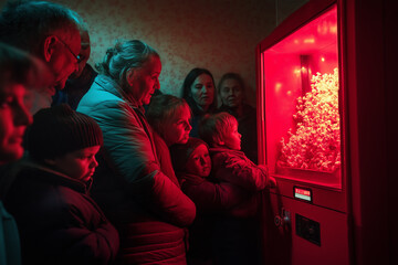 Family gathers around a glowing popcorn machine.