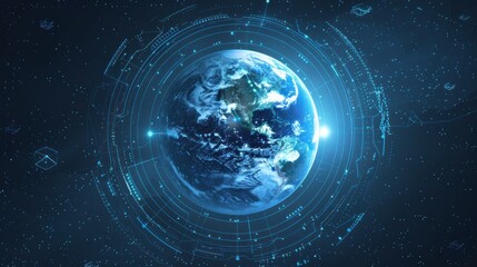 Obraz premium A virtual blue planet with a blue circle around it