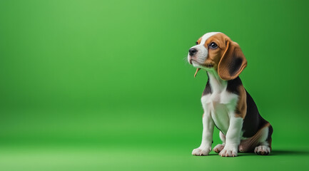 Beagle puppy sitting and looking to the left on green background. Generative AI.