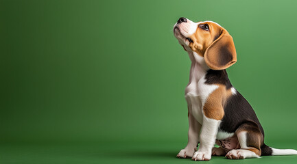 Beagle puppy sitting and howling on green background. Generative AI.